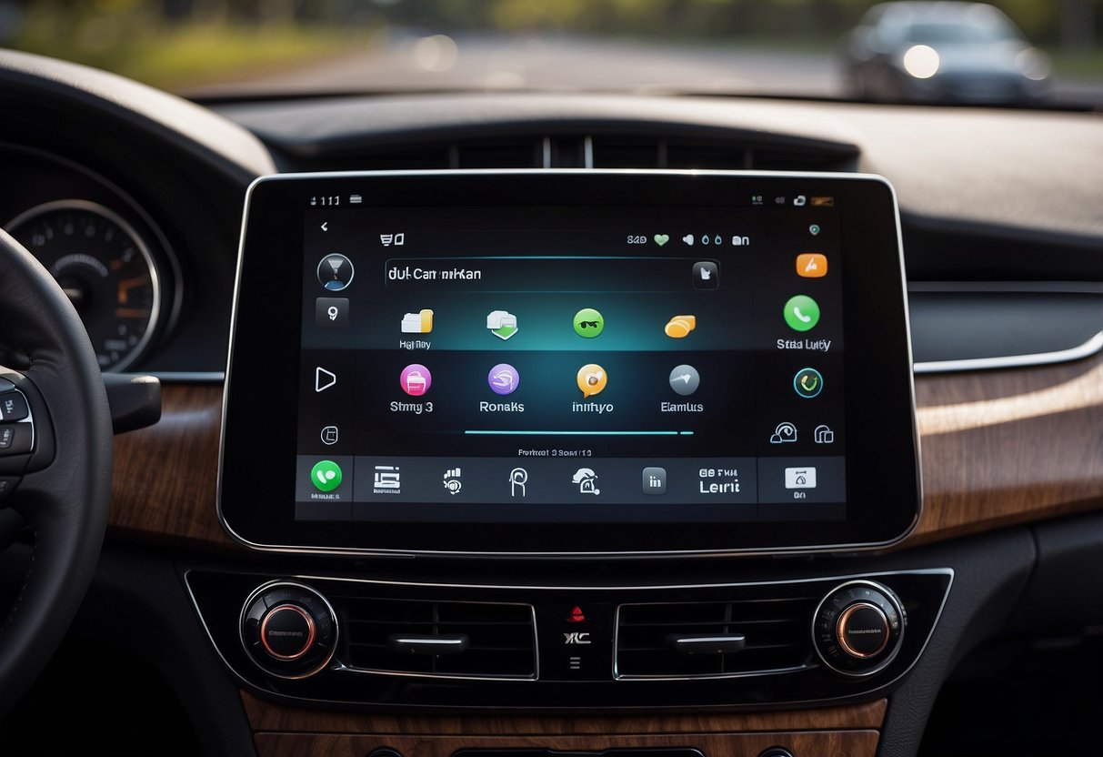 An older car's dashboard with a sleek, modern touchscreen display featuring Apple CarPlay interface