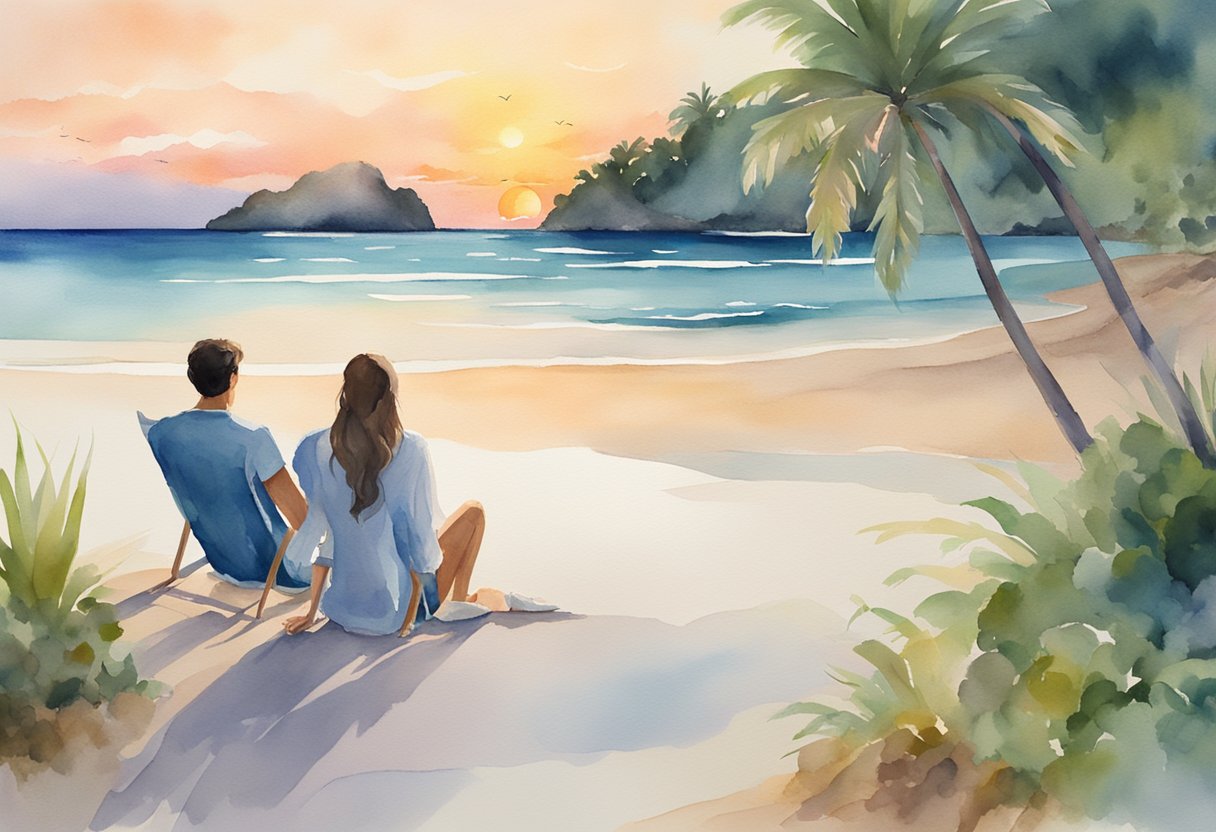 A couple walks hand in hand on a secluded beach at sunset, with a picturesque tropical island in the background. A bottle of champagne and two glasses sit on a blanket nearby