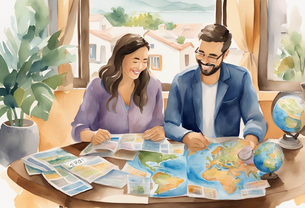 A couple sits at a table covered in travel brochures and maps, smiling as they plan their 25th anniversary trip. A world globe and a calendar with the date circled are visible in the background