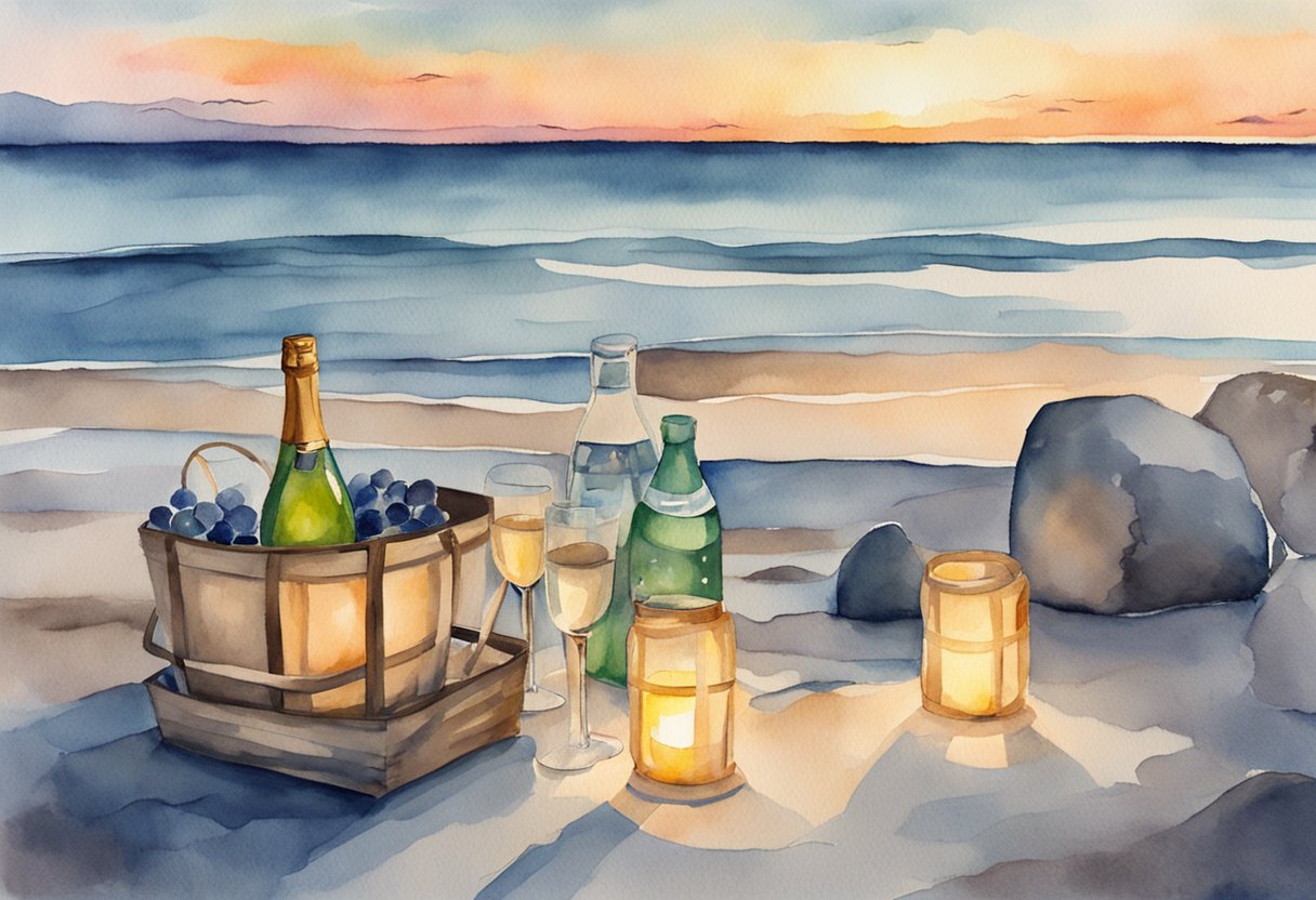 A serene beach at sunset with a cozy picnic set up, surrounded by candlelit lanterns and a bottle of champagne chilling in a bucket of ice