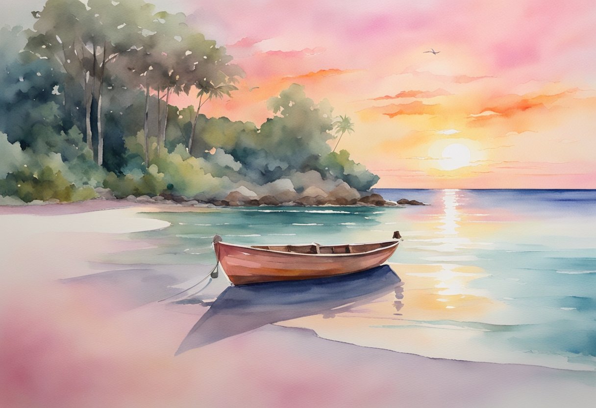 A couple stands on a secluded beach, surrounded by crystal-clear waters and lush greenery. A sunset paints the sky in shades of pink and orange, while a small boat waits at the shore, ready for a romantic adventure