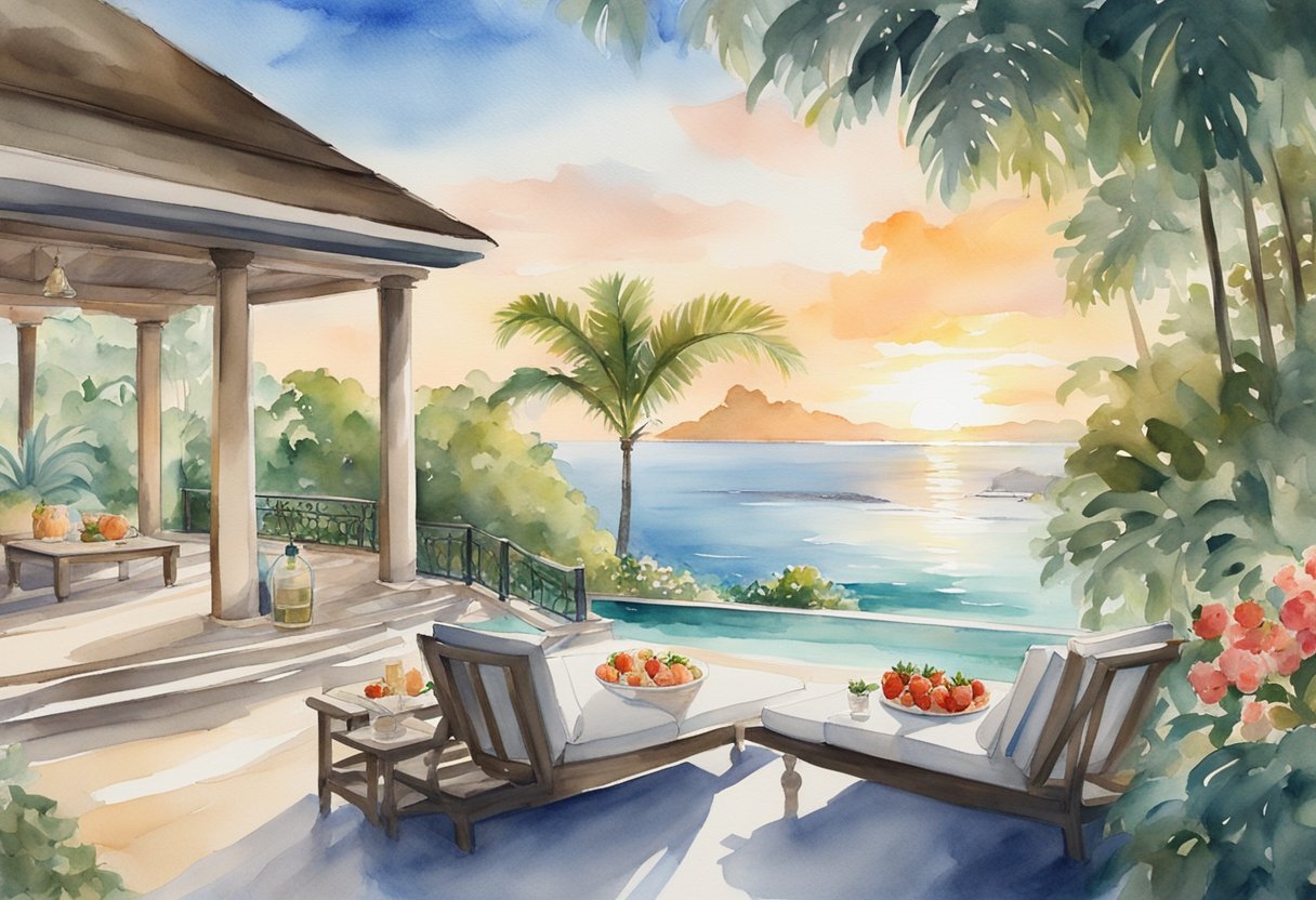 A luxurious beachfront villa with a private infinity pool, surrounded by lush tropical gardens and overlooking the crystal-clear ocean. A butler serves champagne and strawberries as the sun sets over the horizon