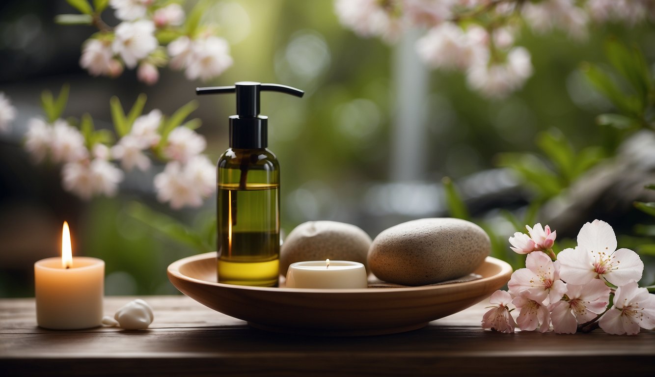 A traditional Japanese skincare routine: A serene scene with a bamboo fountain, cherry blossoms, and a small wooden tray of skincare products