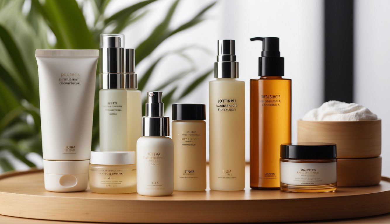 A variety of Japanese skincare products arranged neatly on a minimalist, bamboo-inspired shelf. Brightly colored packaging and sleek, modern designs stand out