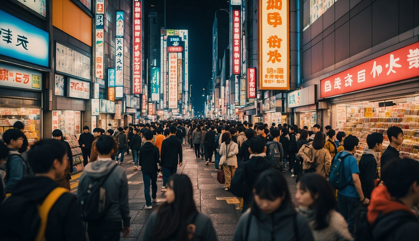 A bustling Akihabara street lined with colorful anime shops and exclusive finds