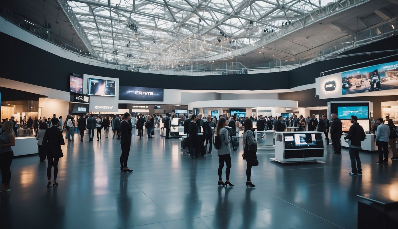 A bustling expo floor filled with futuristic gadgets, holographic displays, and cutting-edge robotics, all surrounded by a backdrop of sleek, modern architecture