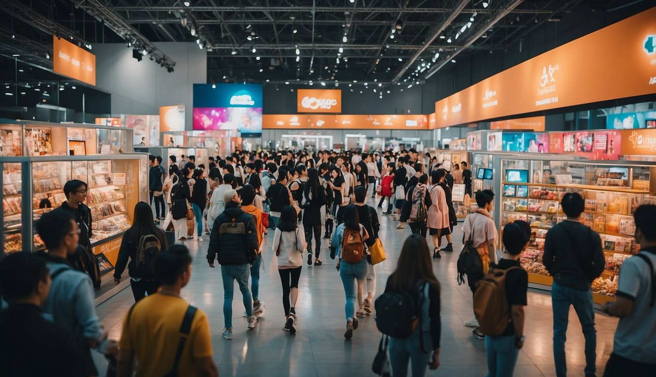 A vibrant expo with colorful anime characters, trendy fashion displays, and energetic pop culture enthusiasts