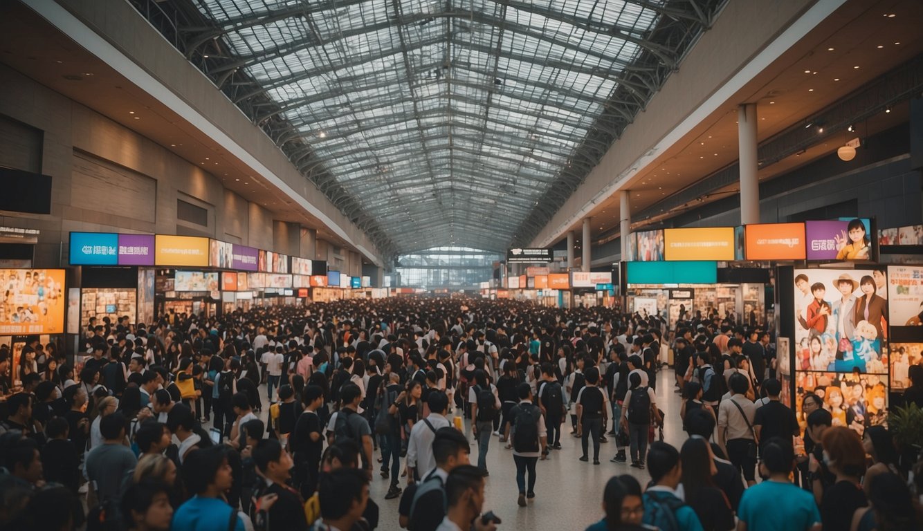 A crowded convention hall with colorful booths, banners, and excited attendees. Cosplayers in elaborate costumes pose for photos while vendors display anime and manga merchandise