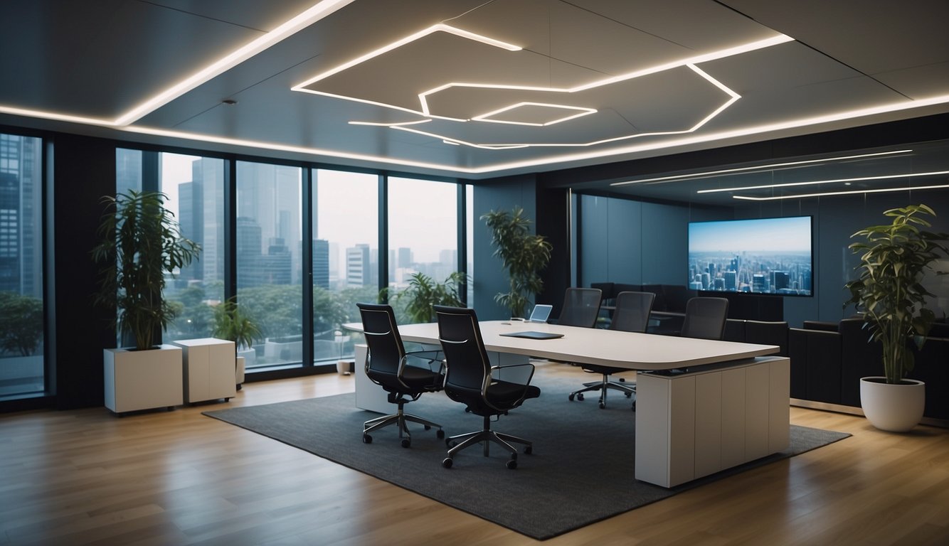 A futuristic office space with cutting-edge technology and modern design, showcasing the innovative services and products of Yandex Japan