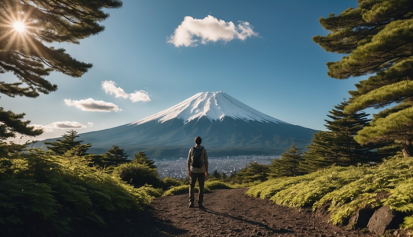 A hiker stands at the base of Mount Fuji, surrounded by lush greenery and a clear blue sky. The majestic peak looms in the distance, its snow-capped summit reaching toward the heavens