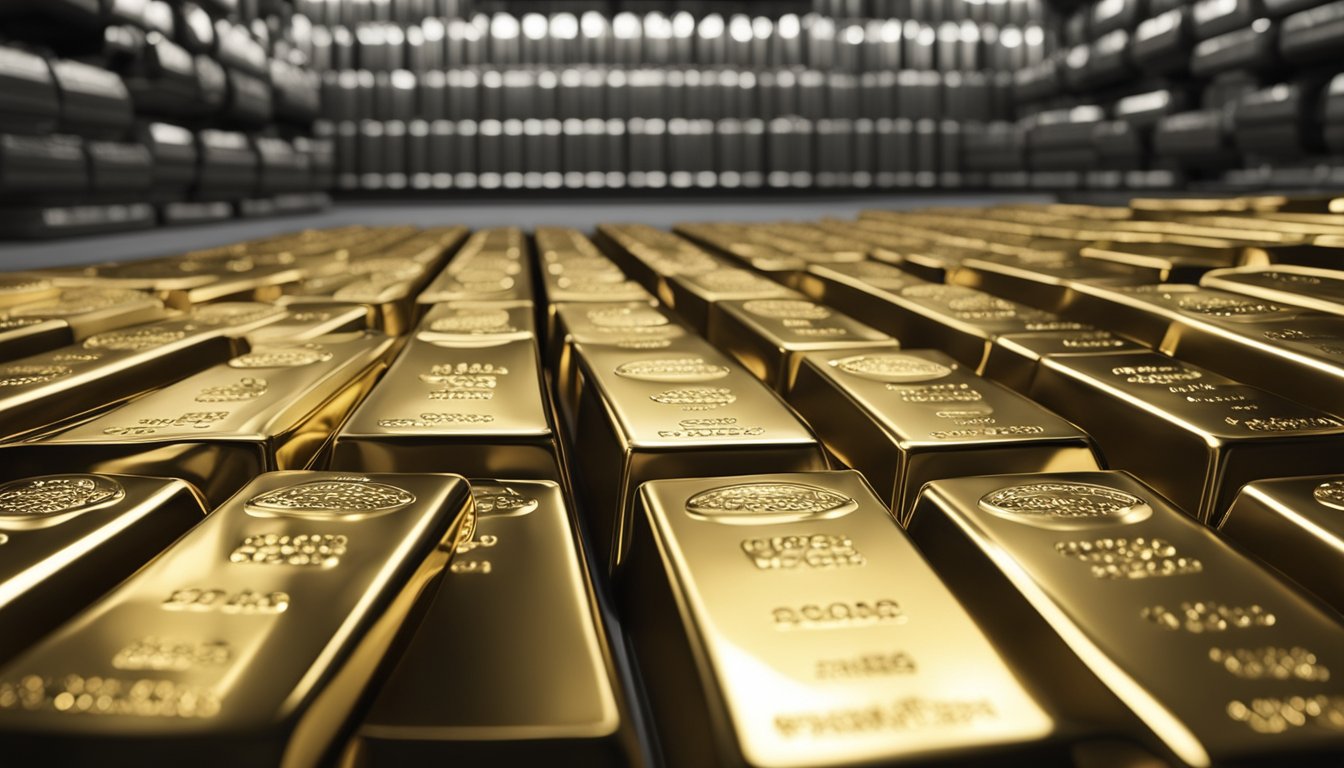 Gold and silver bars stacked in a secure vault, with BRICS countries expanding in the background. Europa and USA in the distance