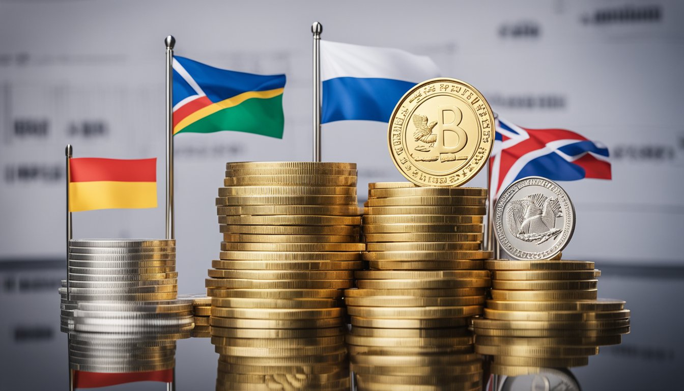 A stack of gold and silver coins with BRICS flags, surrounded by investment charts and graphs