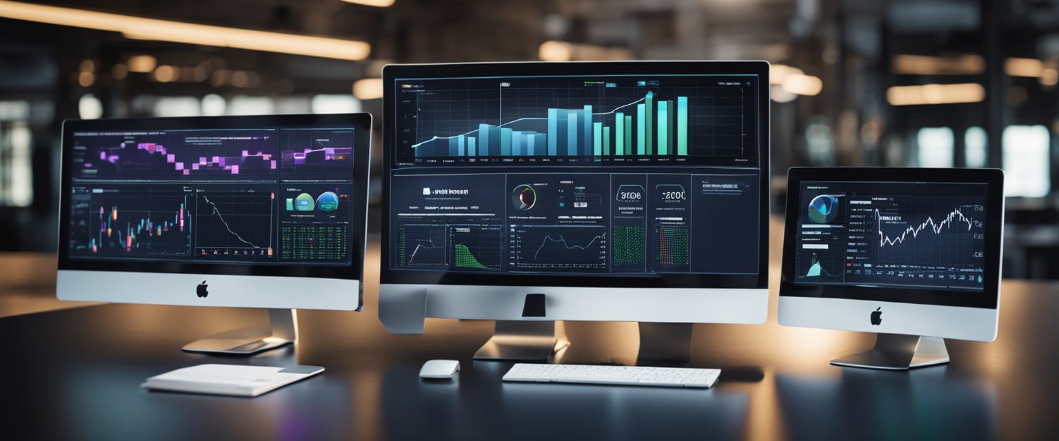 A computer screen displays various AI marketing tools. Charts and graphs show business growth. AI logos and icons surround the screen