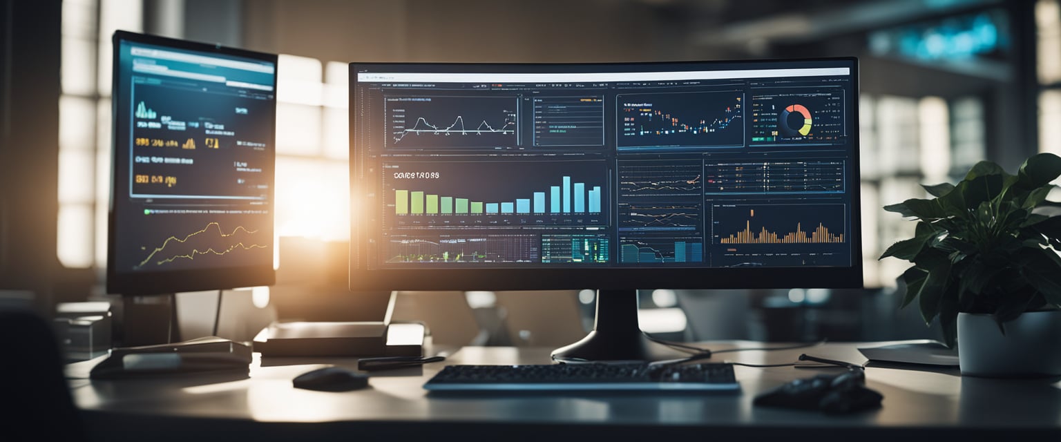 An array of AI tools, including text generators and image recognition software, displayed on a computer screen with graphs and charts showing business growth