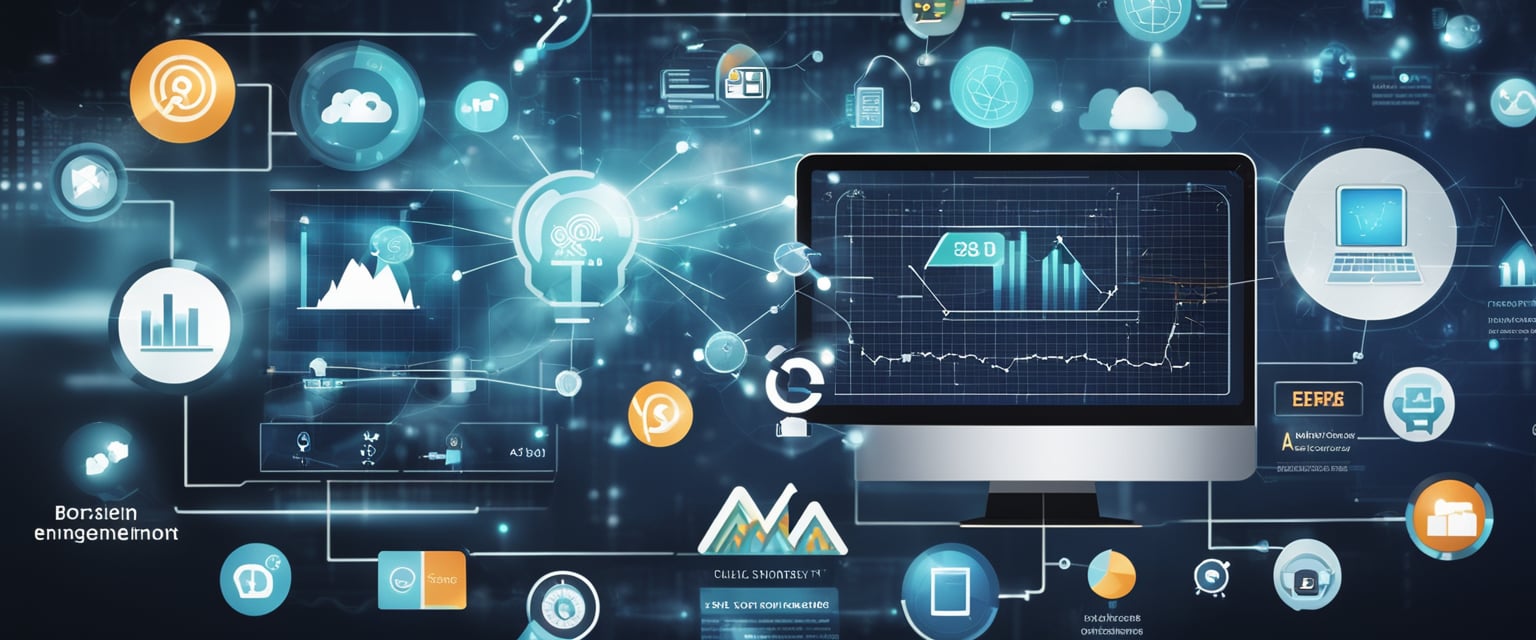 Various AI marketing tools displayed on a digital interface, with graphs and charts showcasing customer engagement. AI logos and icons are prominent