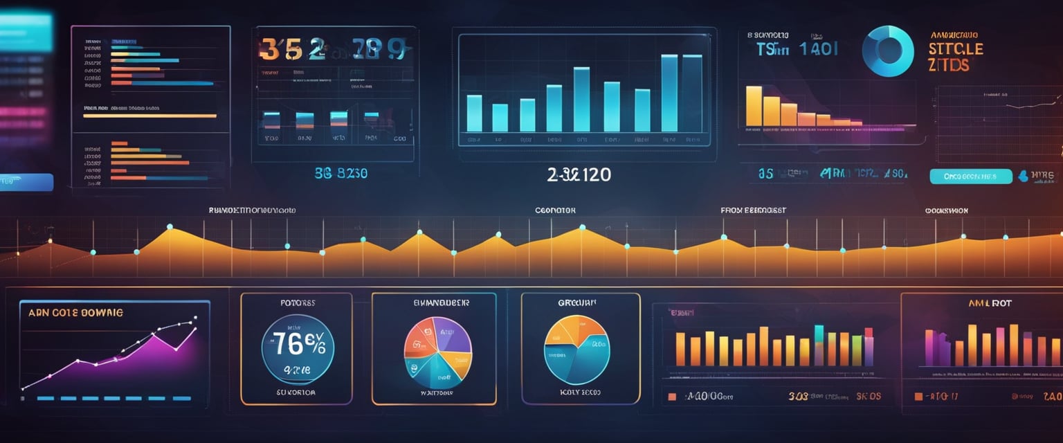 AI marketing tools arranged in a top 10 list, with vibrant colors and modern design. Graphs and charts show growth and success