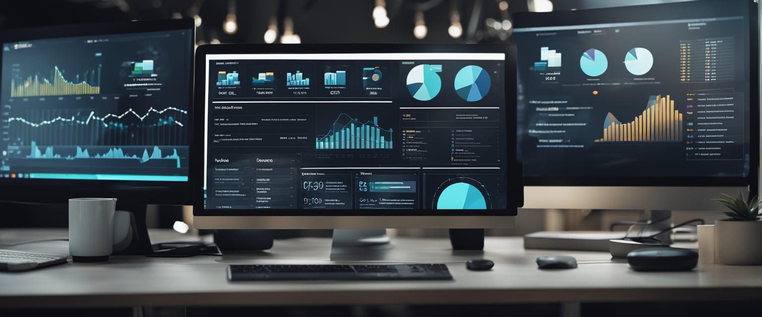 A computer screen with various AI marketing tools displayed, including email marketing and CRM software. Graphs and charts show business growth