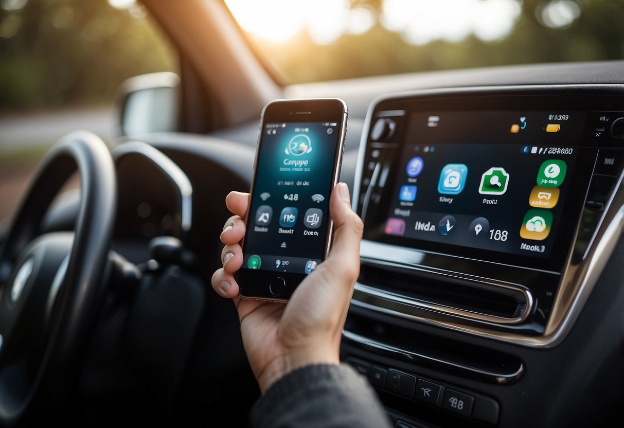 A hand reaches towards a car dashboard with an iPhone connected via USB. The screen displays the Apple CarPlay interface with various app icons and a connection prompt