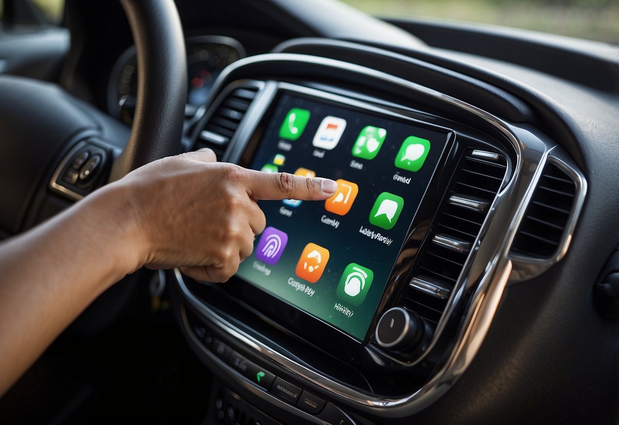 A hand reaches out to a touchscreen display in a car, tapping on the "Settings" icon. The "General" menu opens, and the user selects "CarPlay." They then choose "Customize" to rearrange the app icons on the