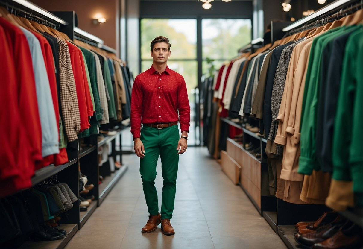 A person with color blindness struggles to match clothes, holding a red shirt and green pants