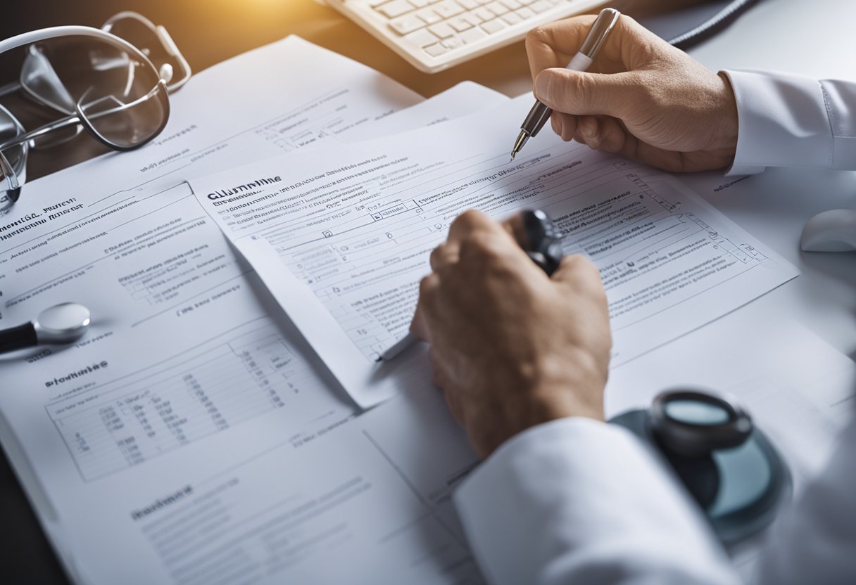 A doctor writing medical notes on the benefits of glutamine for intestinal health, with a bottle of glutamine and a healthy digestive system diagram in the background