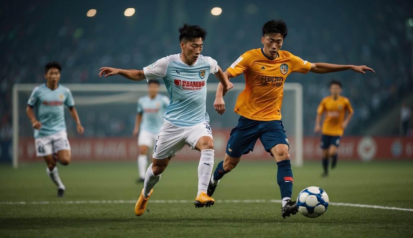 Two soccer teams in action, Shandong Sports Lottery vs Chongqing Yongchuan, on a grass field with a goalpost at each end