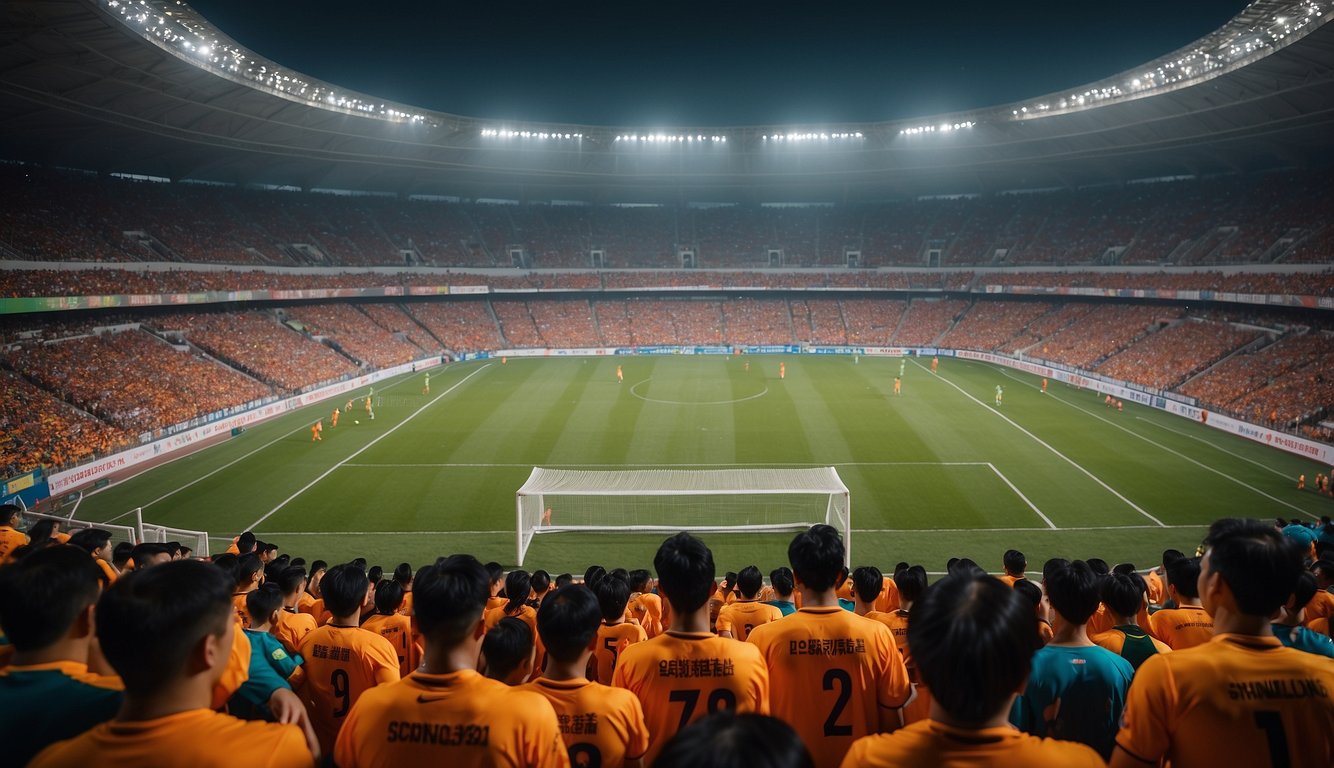 A crowded stadium with Shandong Sports Lottery team facing off against Chongqing Yongchuan in a high-energy soccer match