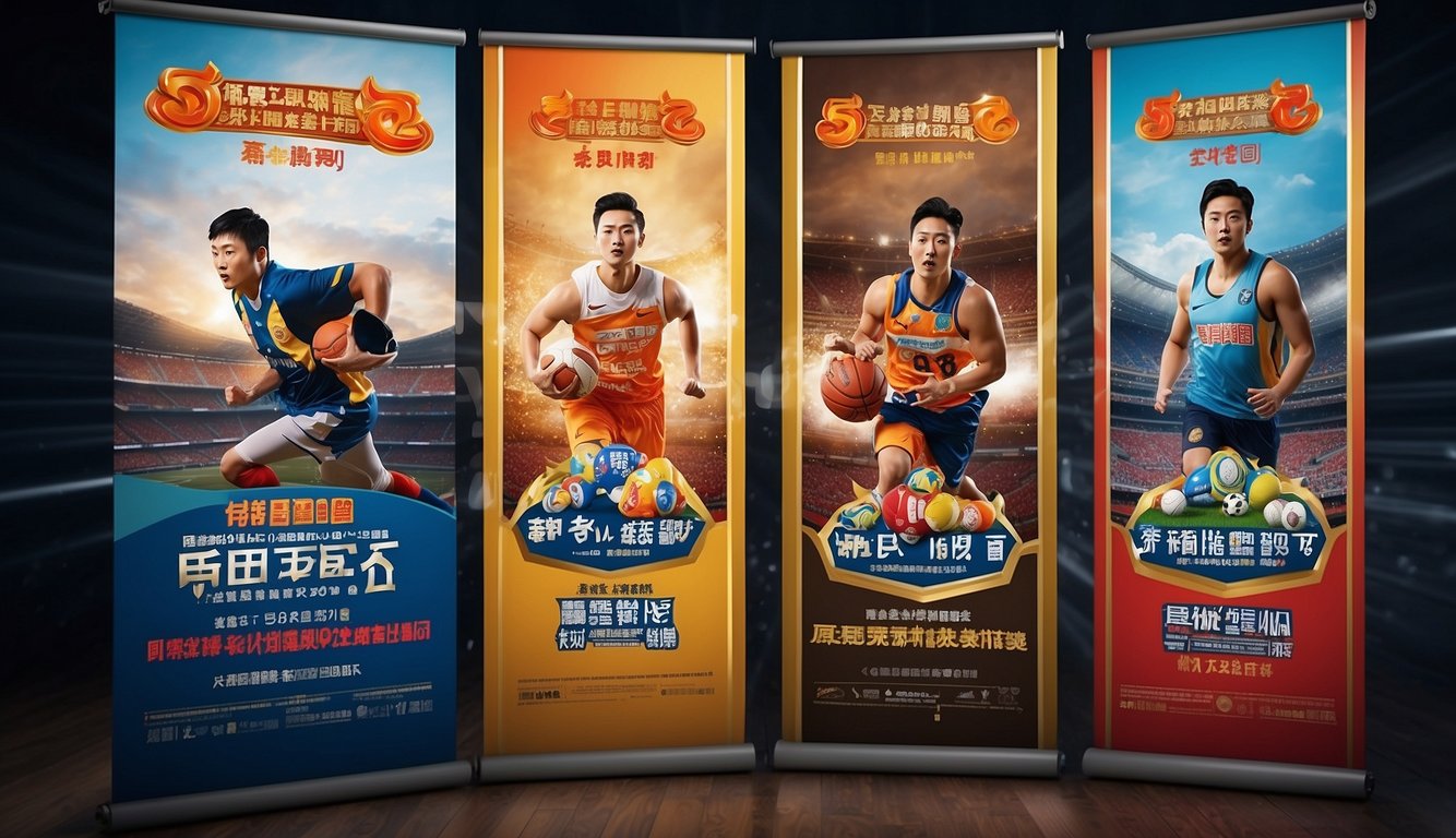 Two large banners displaying "Shandong Sports Lottery" and "Chongqing Yongchuan" side by side, with colorful graphics and bold lettering