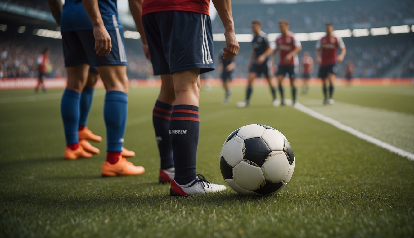 Two soccer teams face off on a grassy field, surrounded by cheering fans. The teams' logos are prominently displayed on their jerseys