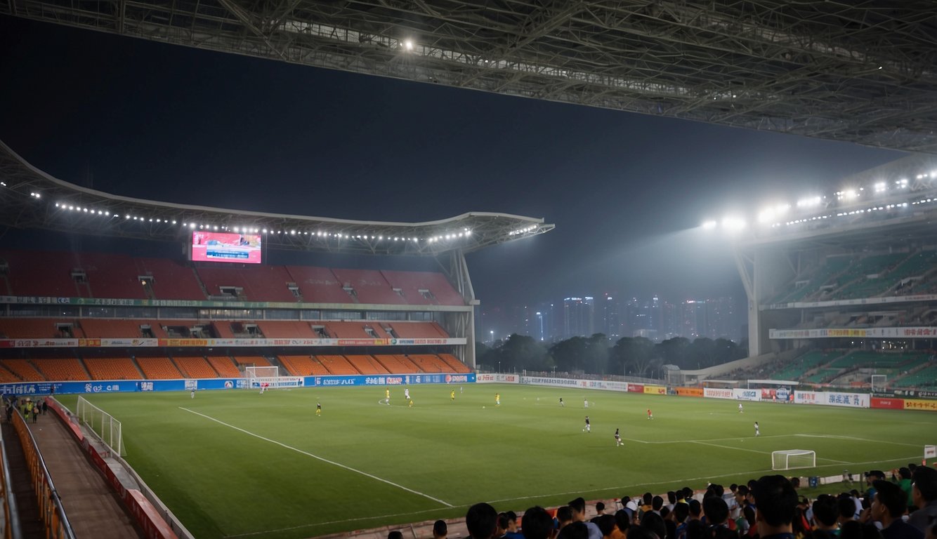 Two soccer teams face off on the field, with the scoreboard displaying live updates and scores for the Shandong Sports Lottery vs Chongqing Yongchuan match