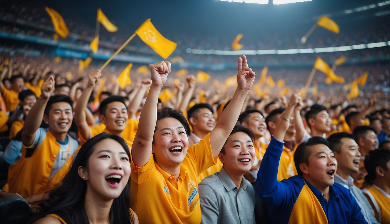 Fans cheer at the Shandong Sports Lottery vs Chongqing Yongchuan match, waving flags and banners, creating a vibrant and energetic atmosphere