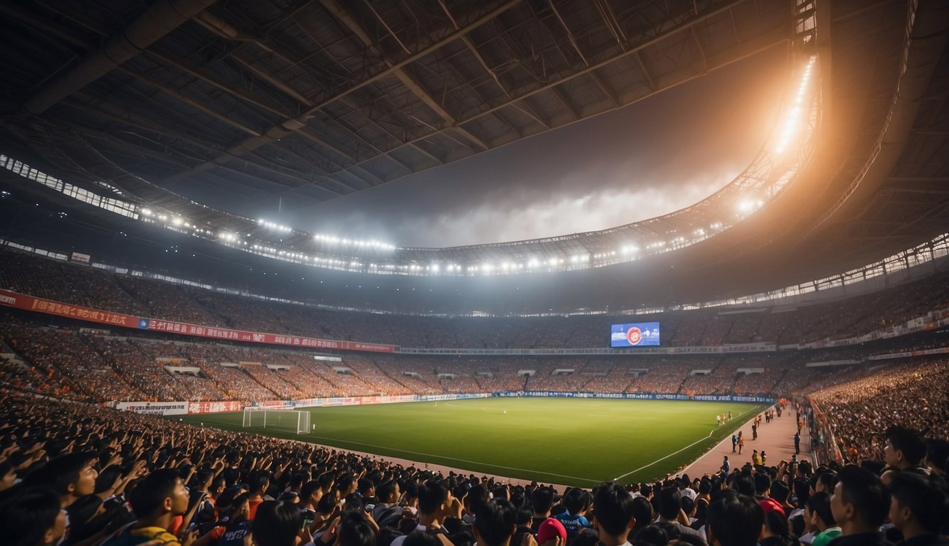 A crowded stadium with cheering fans as Shandong Sports Lottery competes against Chongqing Yongchuan. Banners and team logos decorate the arena