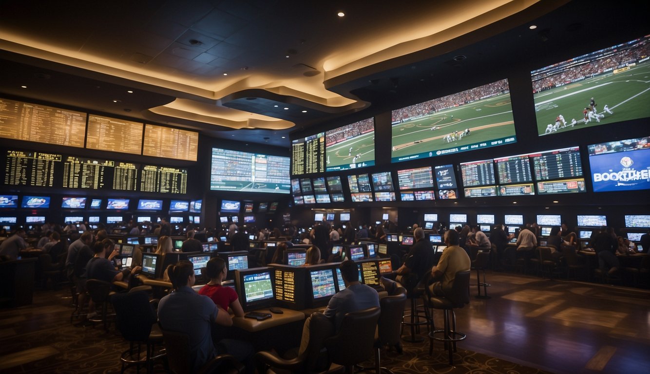 A bustling Las Vegas sportsbook with rows of TV screens and a large betting board displaying odds and game schedules. Patrons study their betting slips while others cheer or groan at the outcomes