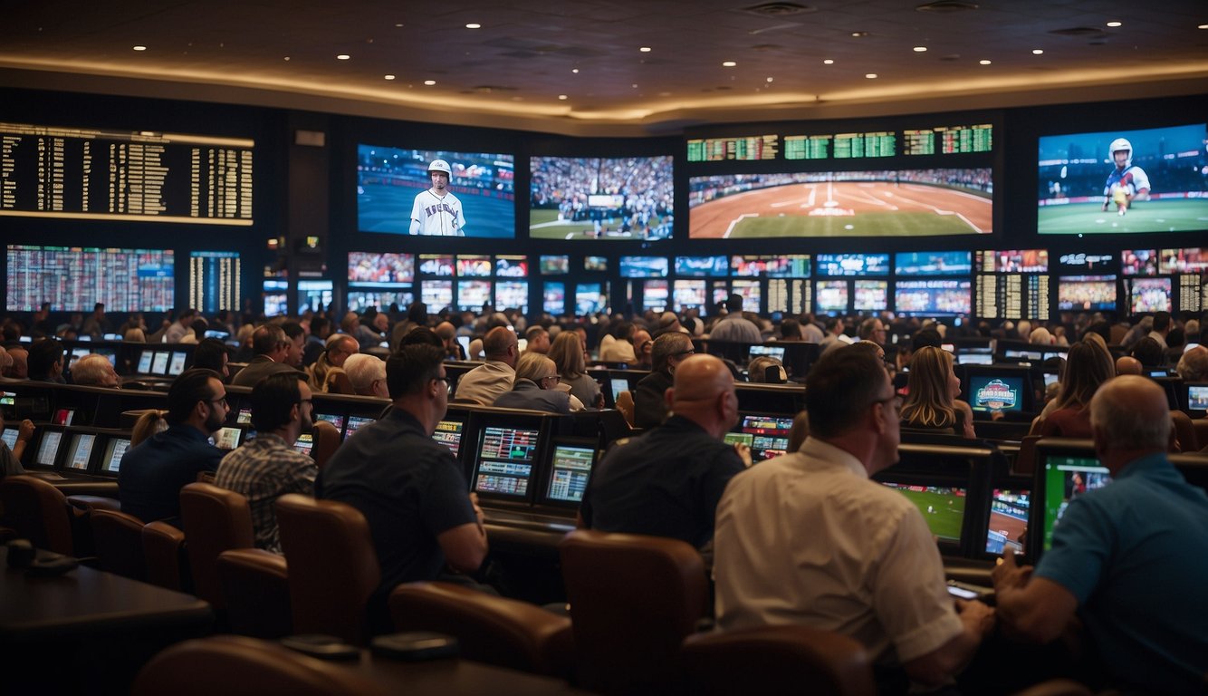 A crowded sportsbook in Vegas buzzes with excitement as people place bets on key sports events. Screens display odds and games while bookies and bettors eagerly watch the action