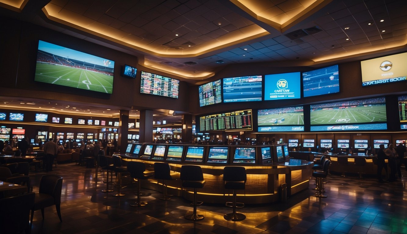 A bustling Las Vegas sportsbook with digital screens and odds boards, surrounded by excited bettors and a vibrant atmosphere