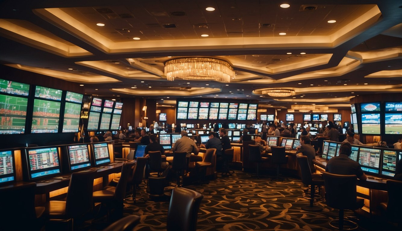 The bustling sportsbook features multiple screens and kiosks, with excited bettors placing wagers and discussing odds. A lively atmosphere with a backdrop of iconic Vegas casino decor