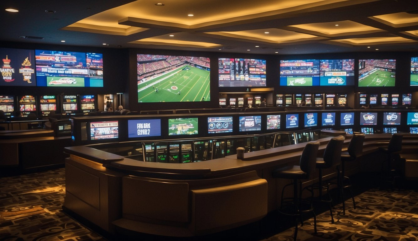 A bustling sportsbook in Vegas with bright screens, odds boards, and excited bettors placing wagers at the counter