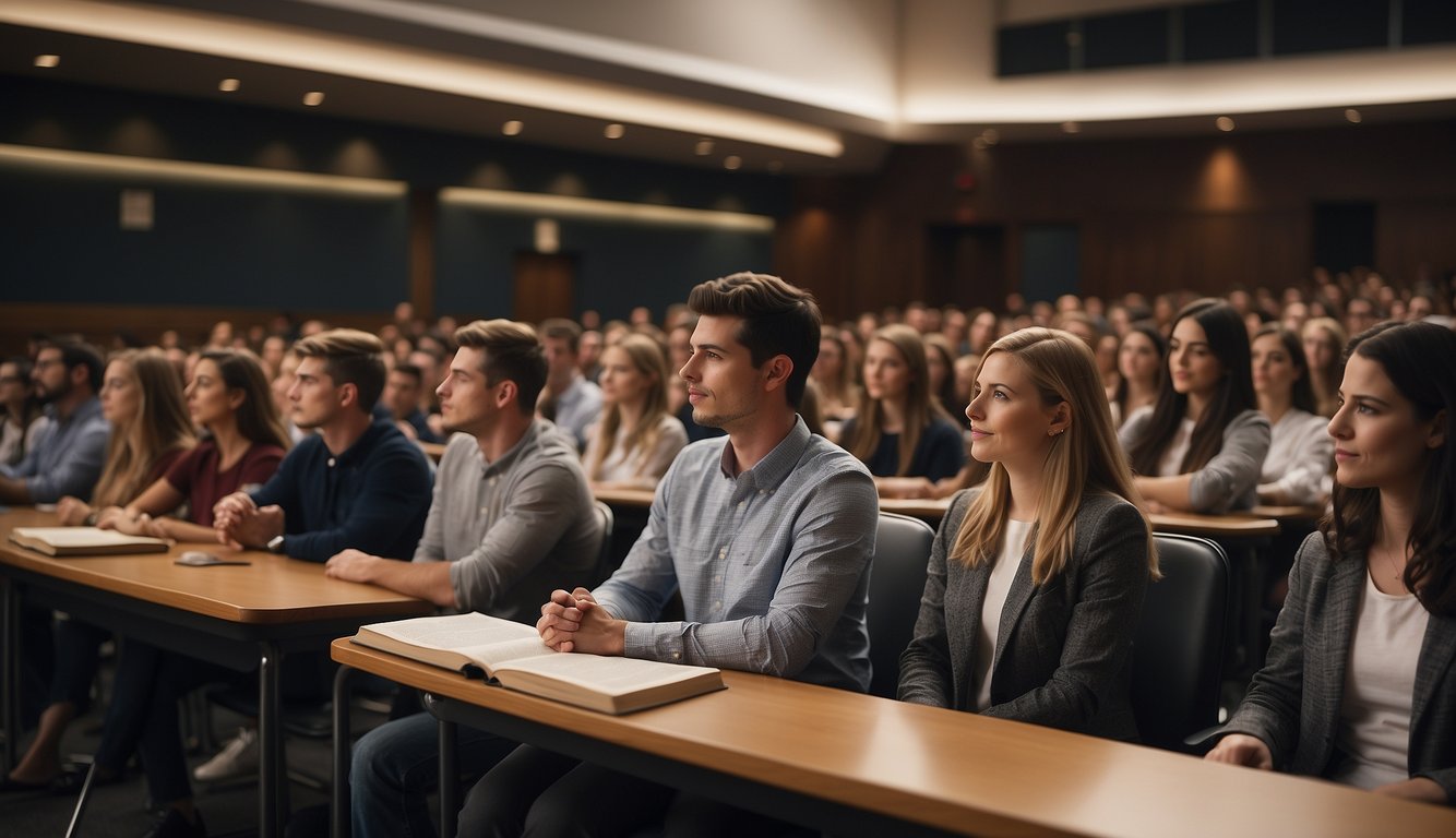 A packed lecture hall with students and professors discussing sports and entertainment law. Books and legal documents scattered on desks