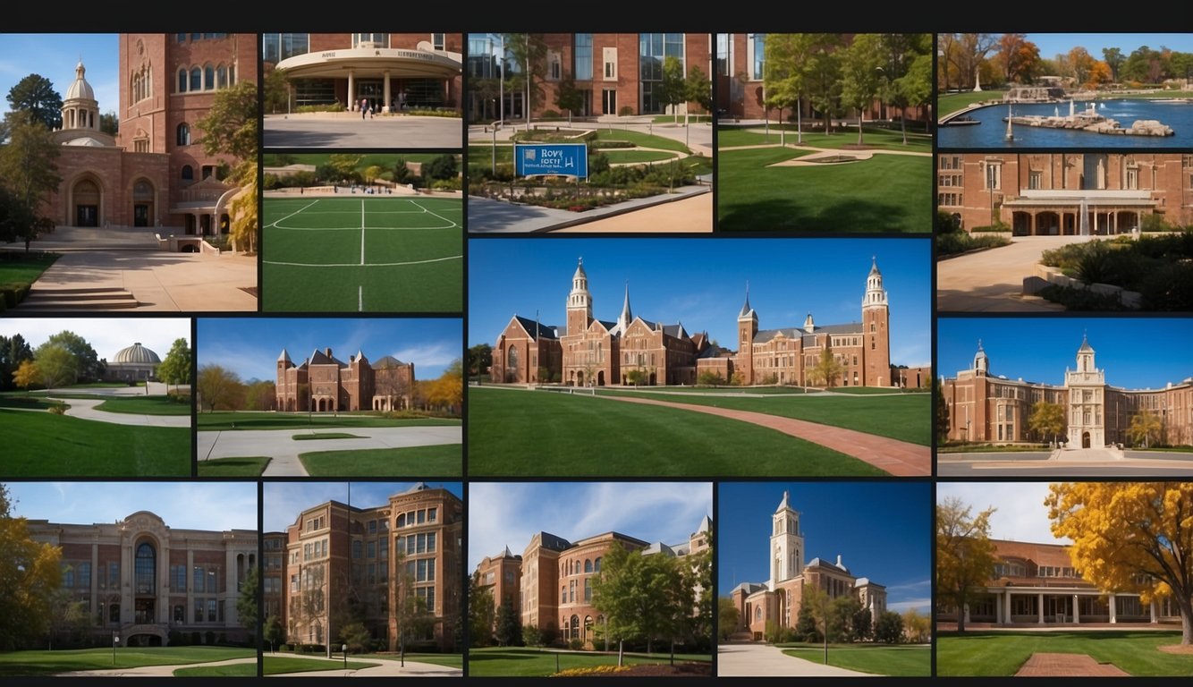 A collage of university campuses with prominent sports and entertainment law programs, featuring iconic buildings and symbols of each institution