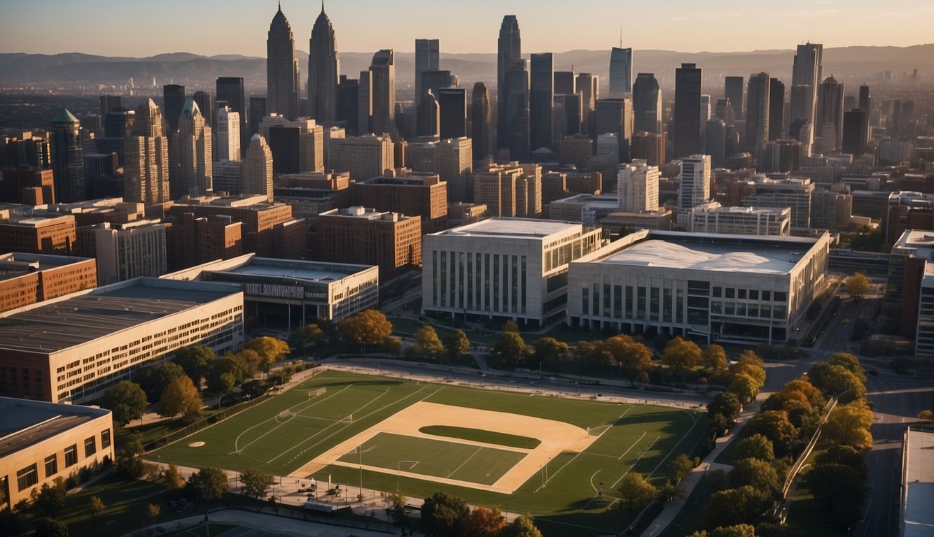 A bustling city skyline with law school buildings and sports arenas nestled among the urban landscape