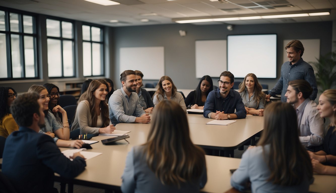 A group of students and professors gather in a modern classroom at a top sports and entertainment law school, engaged in lively discussions and collaborative learning