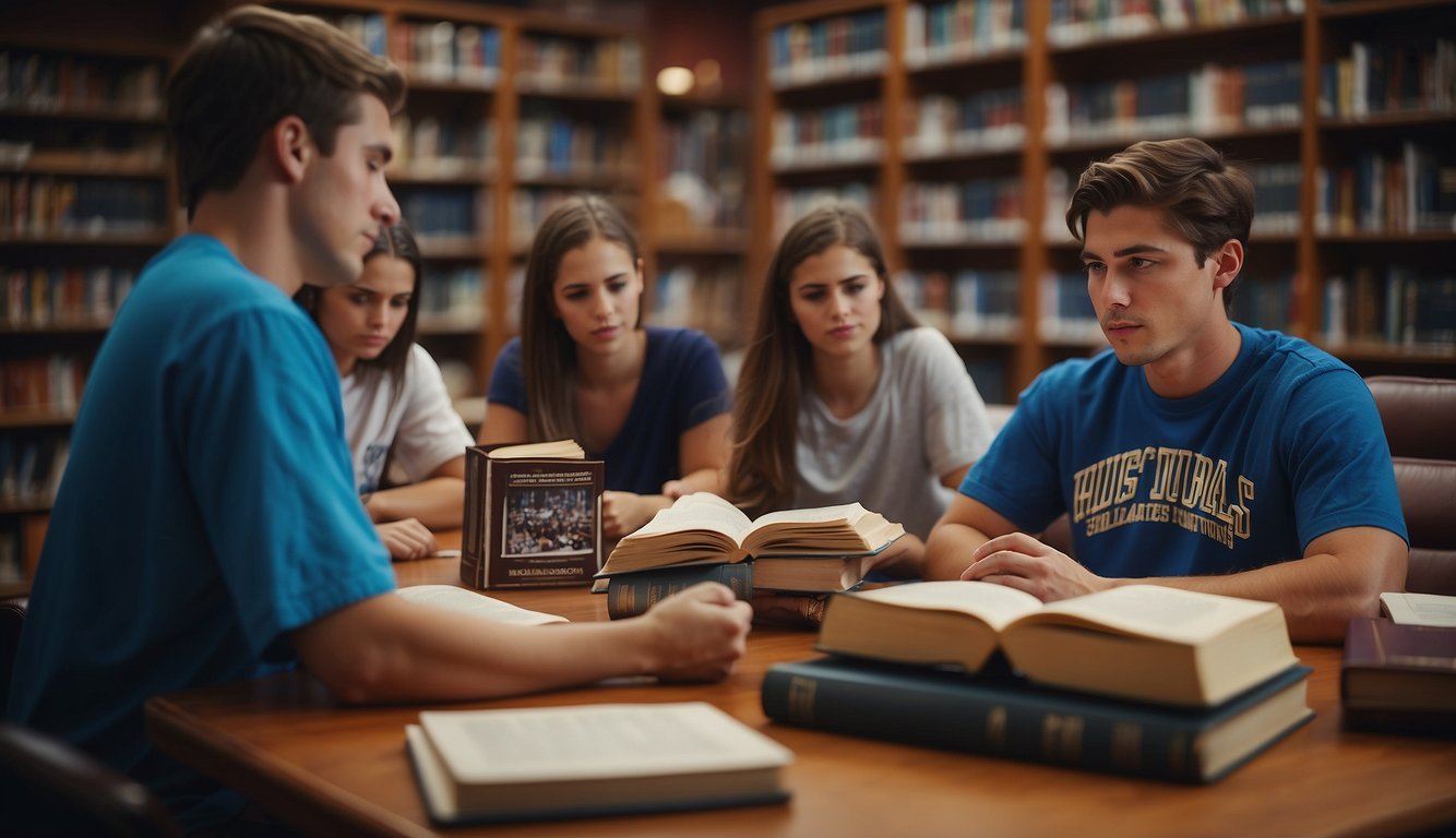 Students studying law books, surrounded by sports and entertainment memorabilia, in a library setting