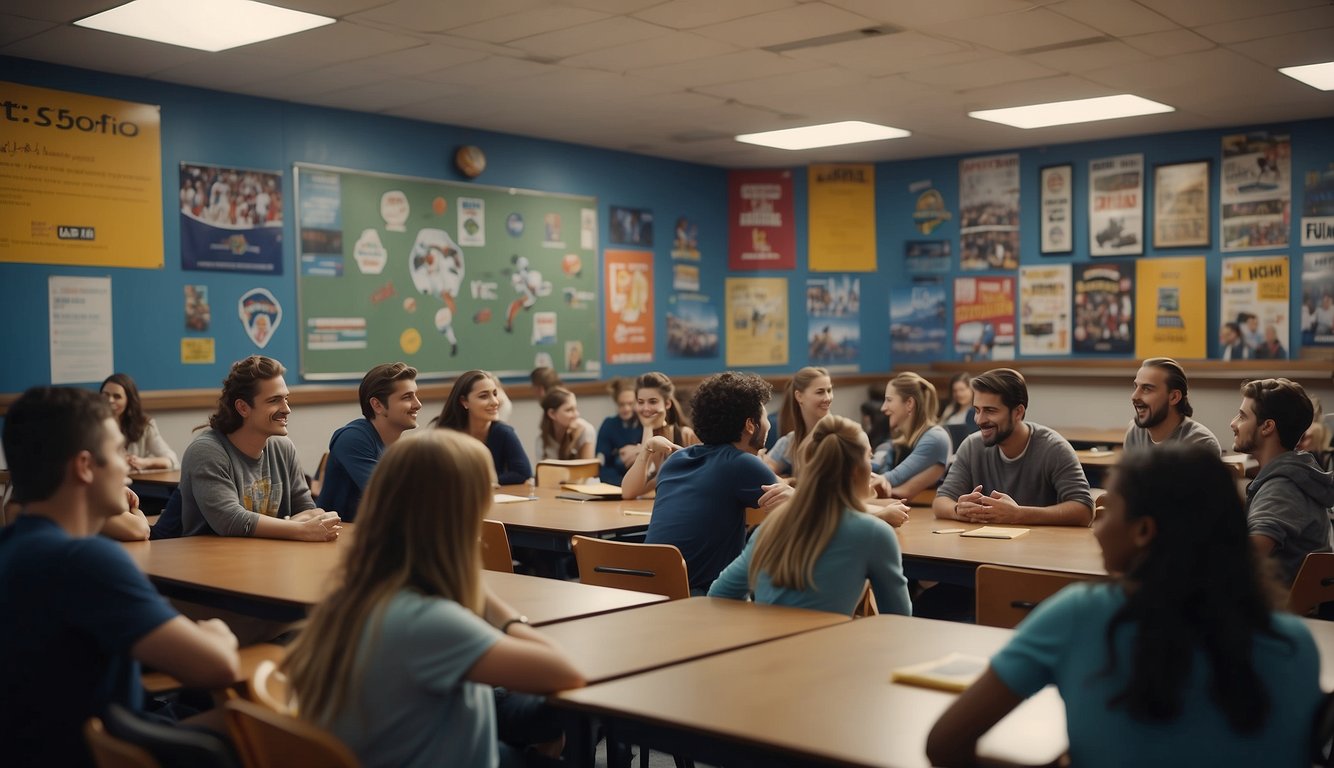 A bustling classroom with students engaged in lively discussions, surrounded by walls adorned with posters of famous sports and entertainment icons