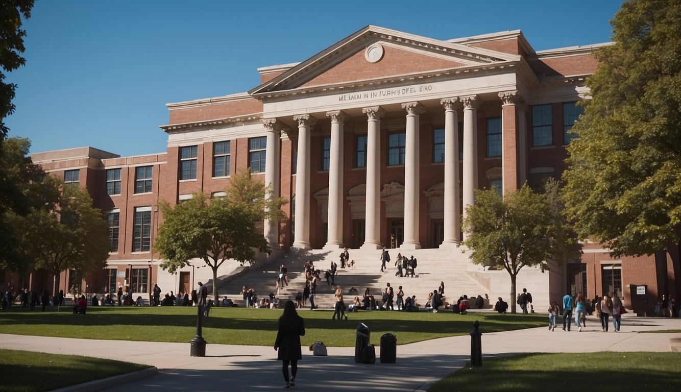 A bustling law school campus with students discussing entertainment and sports law. Bright banners and signs promote top-ranked programs