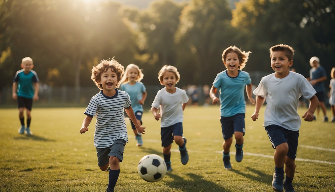 Children playing soccer on a sunny field, cheering parents on the sidelines. Some kids are having fun while others look stressed