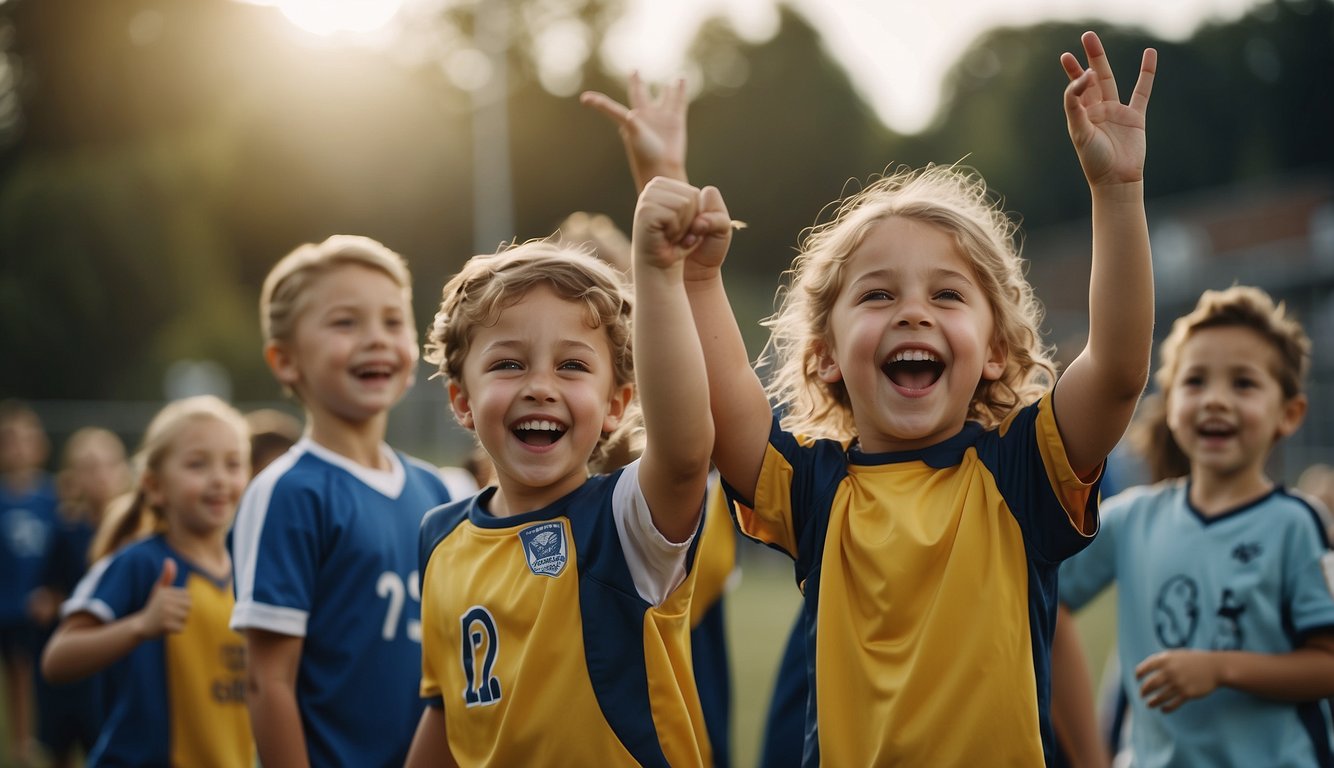 Children laughing and playing together on a sports field, some cheering and high-fiving, while others are focused and determined during a game