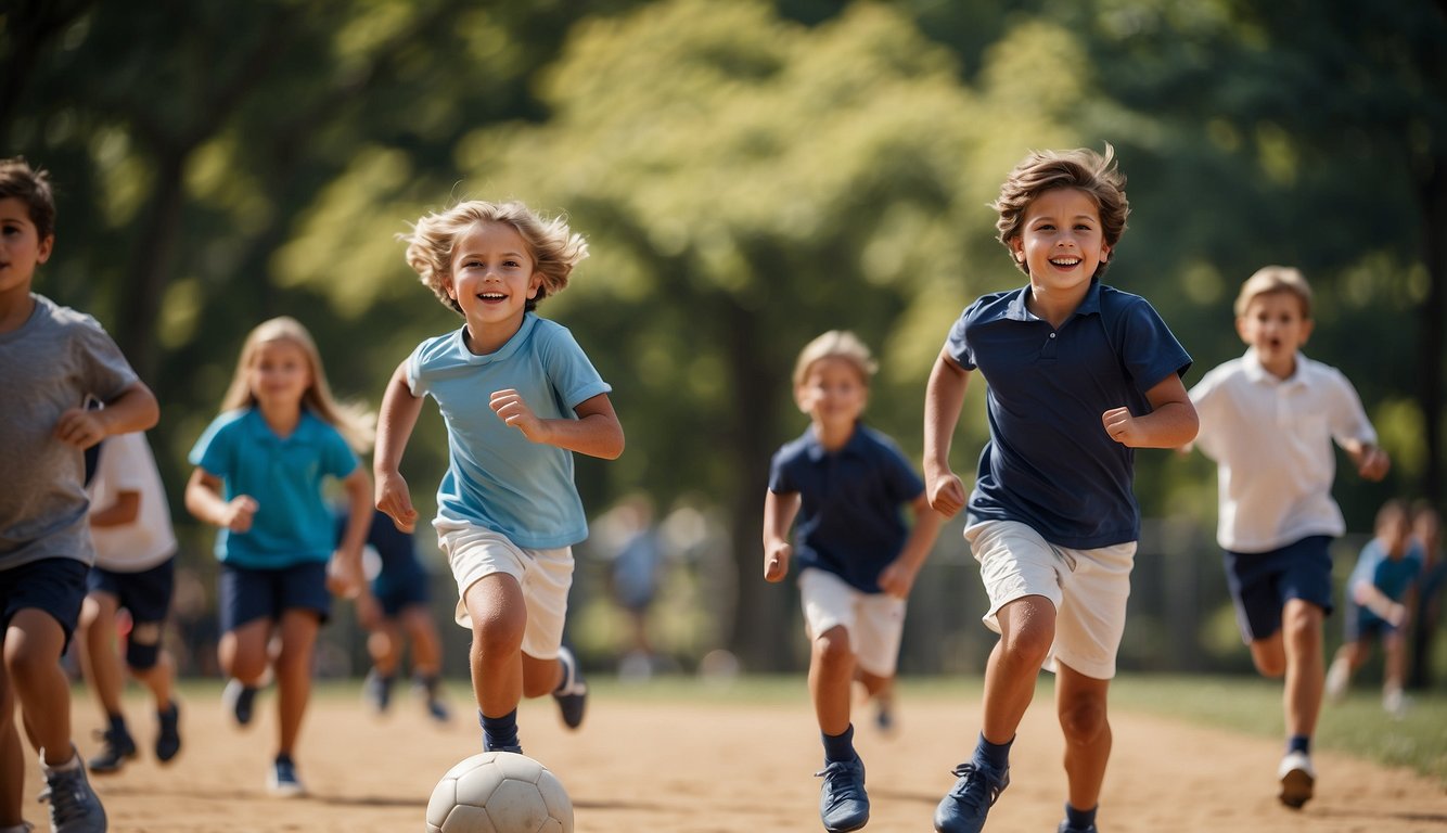 Children playing sports in a park, some having fun while others look stressed. Coaches and parents cheer from the sidelines