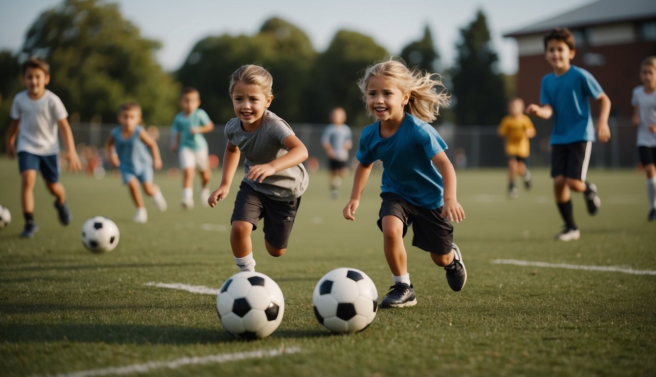 A group of children play soccer on a grass field, while others practice basketball nearby. Parents cheer from the sidelines, as coaches guide the young athletes