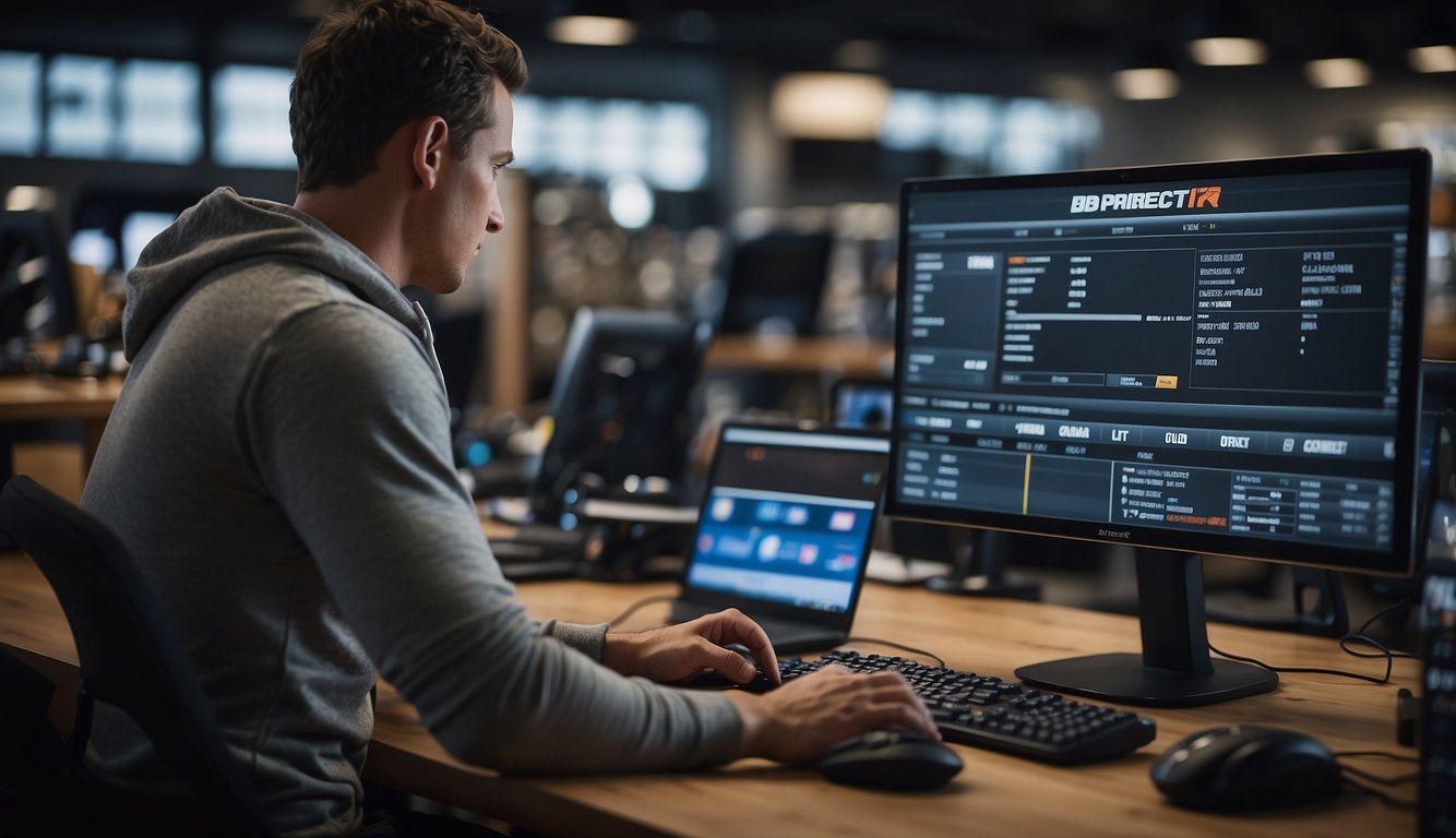 A person uses a computer to check Sports Direct stock. The screen shows product availability and quantity