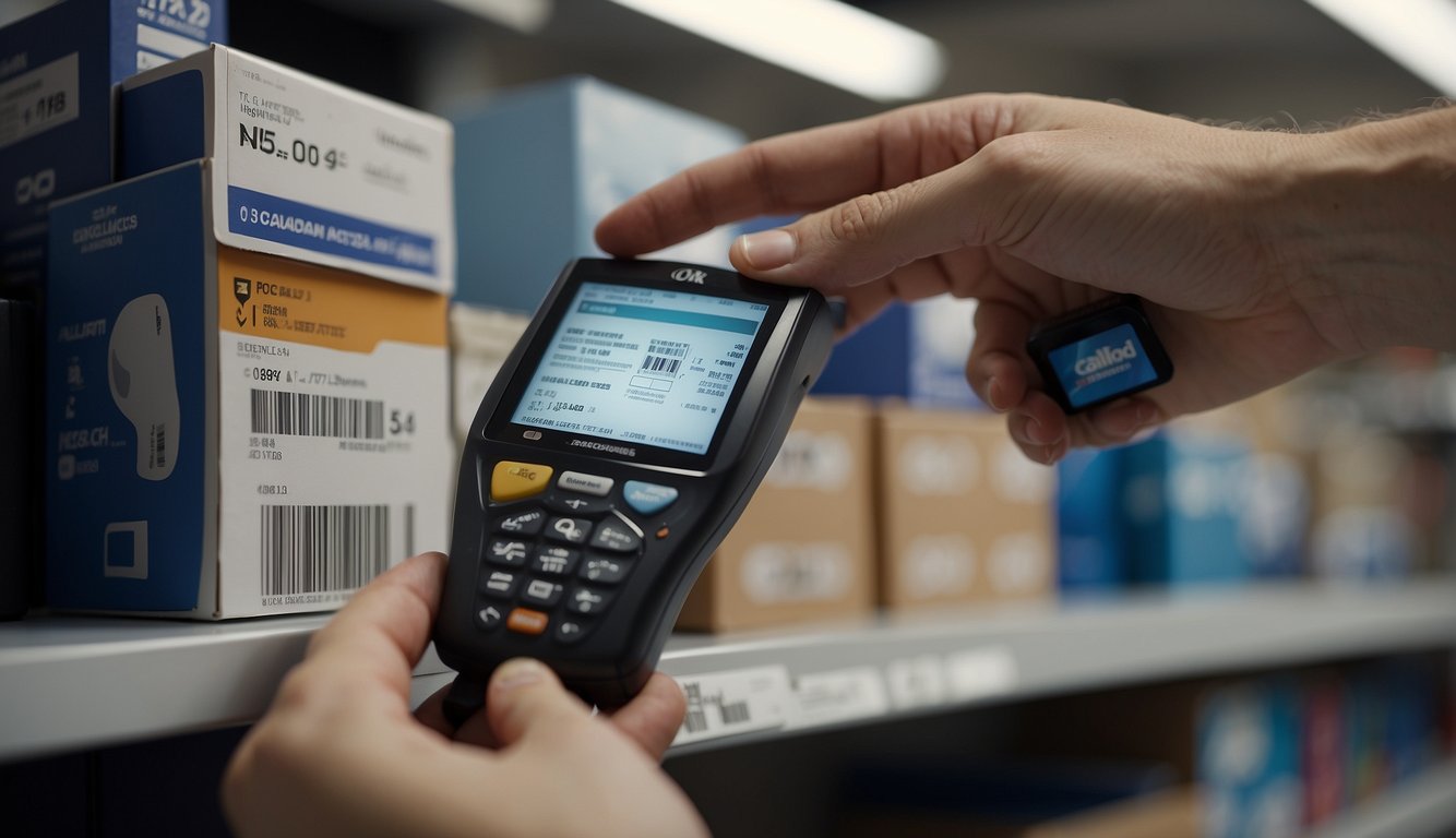 A hand reaches for a barcode scanner on a shelf. A computer screen displays stock levels. A person uses a handheld device to scan items on shelves